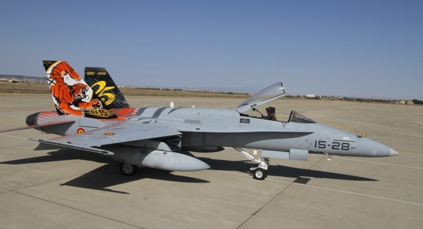 El Ala 15, que tiene base en Zaragoza, pintó así unos de sus EF-18M en 2010 para celebrar el 25º Aniversario de su creación. (Julio Maiz, copyright defensa.com)