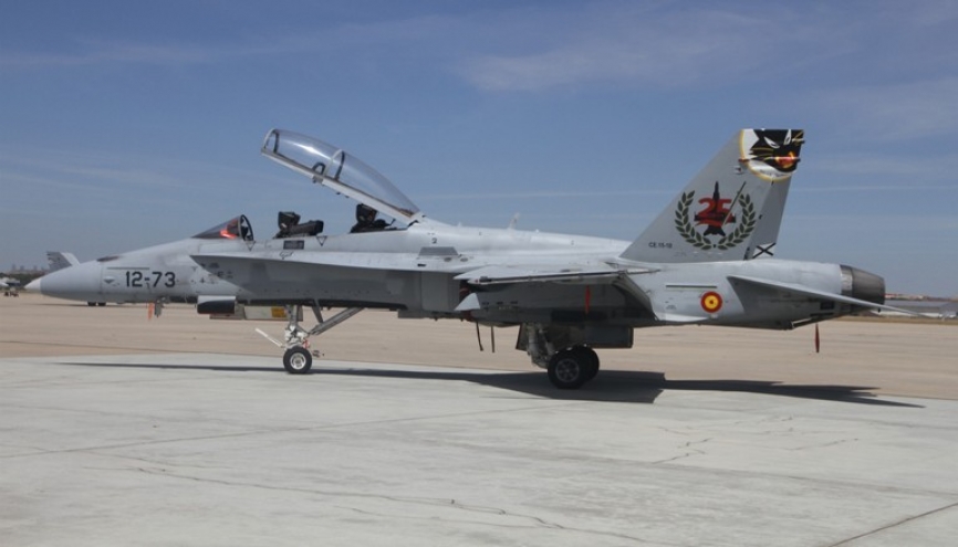 Biplaza EF-18B (M) del Ala 12 al que se le ha pintado en la cola una sencilla decoración alusiva. (Julio Maiz, copyright defensa.com)