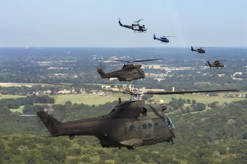 El componente de helicópteros de CSAR del NTM 2019, en primer plano los dos SA330 o HC.2 “Puma” de la RAF. (foto: RAF)