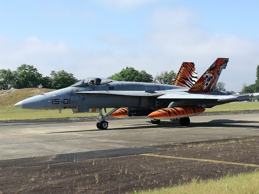El Ala 15 del Ejército del Aire español desplegó 7 de sus EF-18M, incluido este con una preciosa decoración tigre.