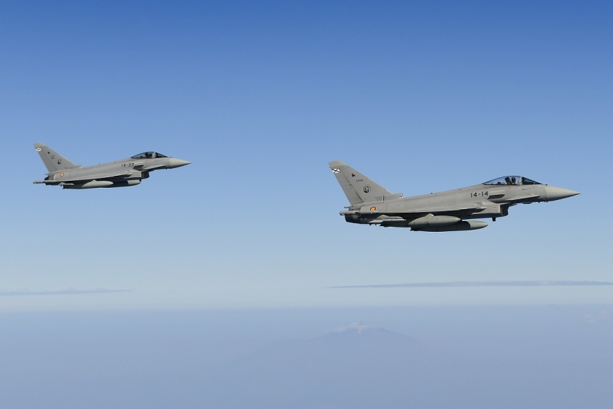 Dos de los Eurofighter que envió el Ala 14 al “Ocean Sky 2019”desde su sede, la base aérea de Albacete.