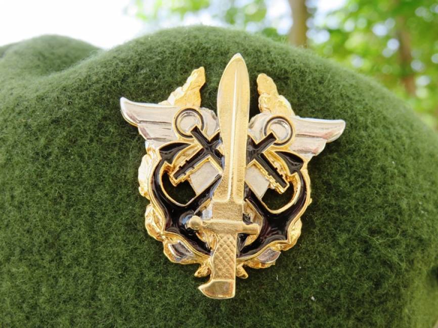 El personal del MCOE lleva una boina verde identificativa con el emblema característico que reúne detalles de las OE de los 3 ejércitos