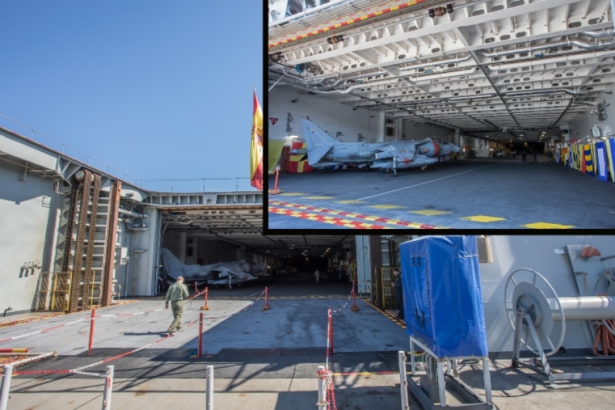 En la parte posterior del buque encontramos otro de los elevadores, este da acceso al hangar de nada menos que 990 metros²
