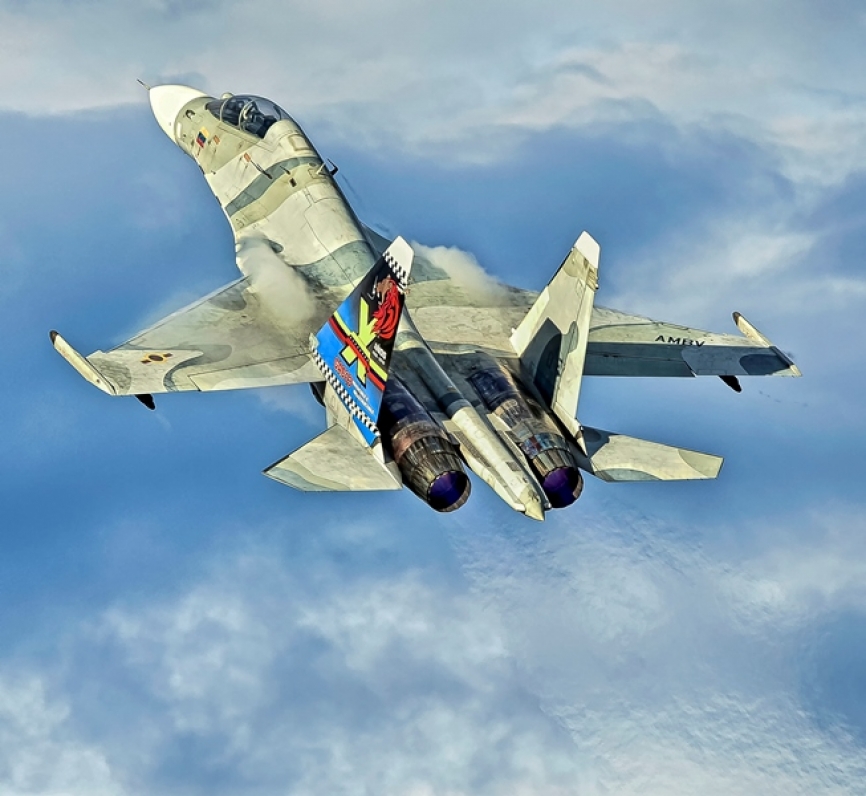 Sukhoi Su-30 MkII exhibiendo el arte en el timón de cola del 10mo aniversario de servicio en la AMBV.