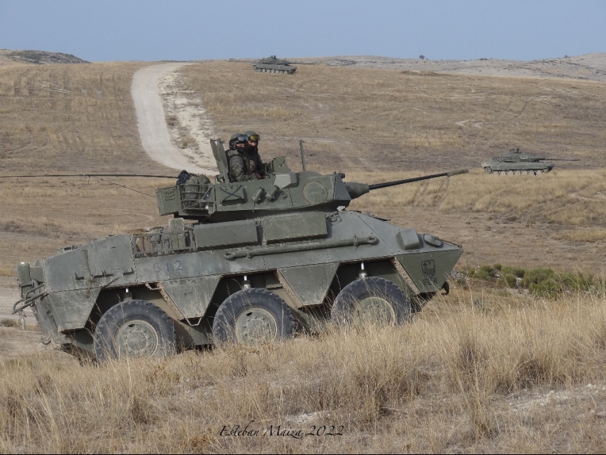 Vehículos de exploración de caballería (VEC) y carros de combate Leopardo en posición defensiva contra hostigamiento enemigo. (Esteban Maiza)