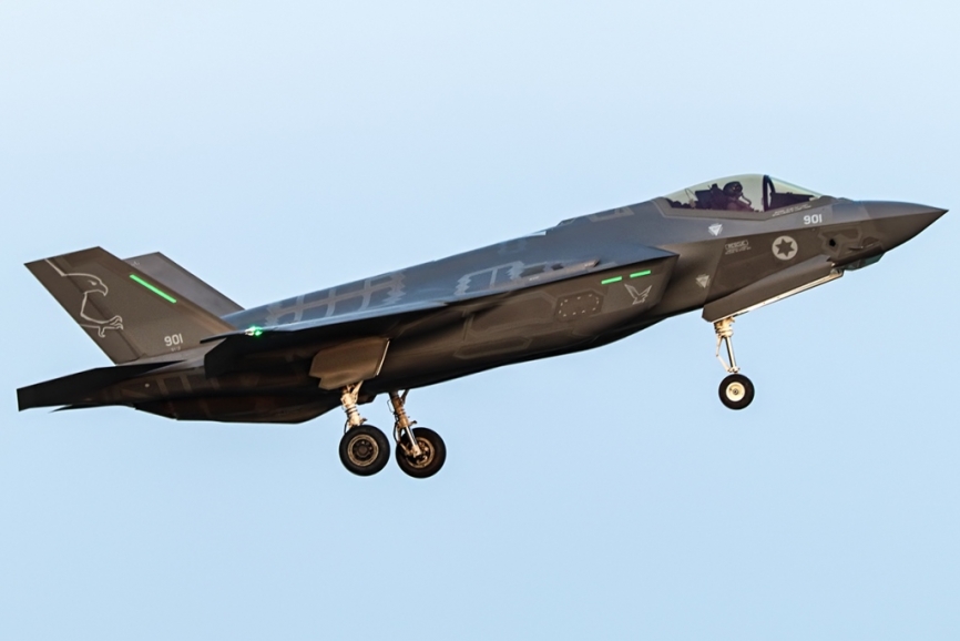 El F-35I matricula 901, que forma parte del 140 Escuadrón, el denominado “Golden Eagles”. (Foto Ruben Galindo)