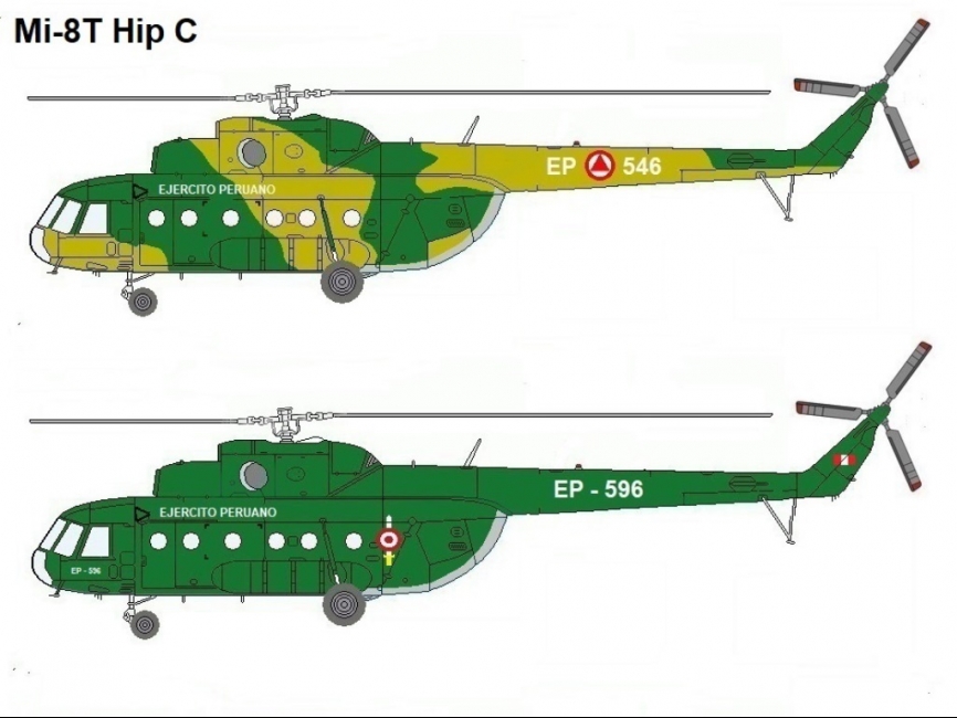 Mi-8T Hip C, matricula EP-546, con el camuflaje original en tonos de marron, amarillo mostaza y verde. En 1982 se incorpoto el Mi-8T, matricula EP-596, parte de un lote adquirido para remplazar unidades perdidas en combate o accidentes operacionales, luciendo un camuflaje en color verde petróleo. Credito: Alejo Marchessini.