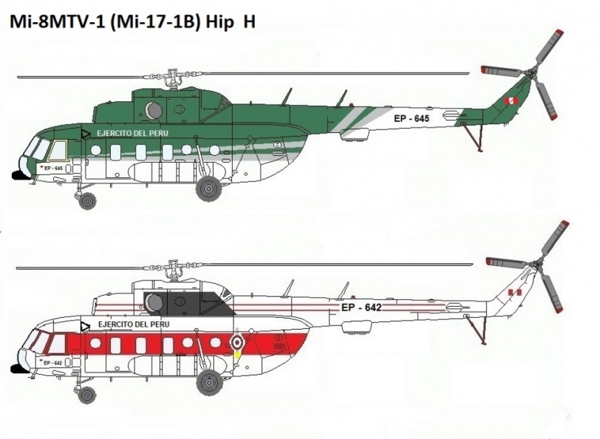 En 1994 se adquirieron 6 Mi-8MTV-1 (Mi-17-1B) de uso civil del, de segunda mano, dotados con radar meteorológico para operaciones en altura. Entre estos figuraban el EP-645 (N° Serie 96068) y el EP-642 (N° Serie 95948), que operaria a ordenes de la Presidencia de la Republica. Credito: Alejo Marchessini.