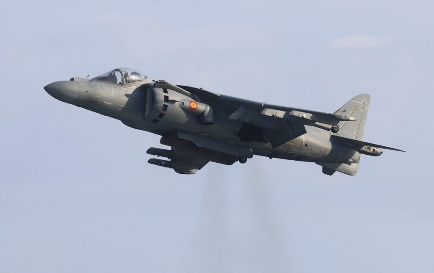 Uno de los Boeing AV-8B “Harrier” Plus realizó una magnifica exhibición, incluido un vuelo estacionario.