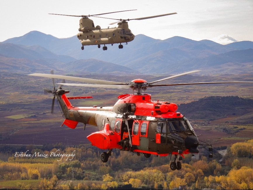 Un Cougar del BHELEME II y un Chinook del BHELTRA V volando en patrulla con las montañas de fondo.
